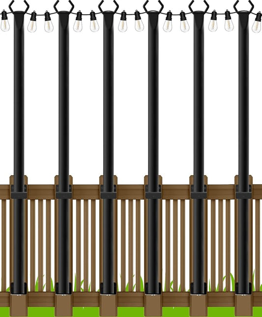 5Ft String Light Poles 6 Pack,Light Poles for Outside Lights,Outdoor with Fence Brackets Hanging Lights,Metal Stand Deck Patio Backyard