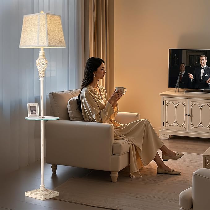 Vintage Floor Lamp with Nightlight and Glass Tray, Farmhouse Standing Lamp with White Washed Finish and Linen Shade, 65" Rustic Tall Lamp Decor for Living Room, Bedroom, Office, House (Bulb Included)