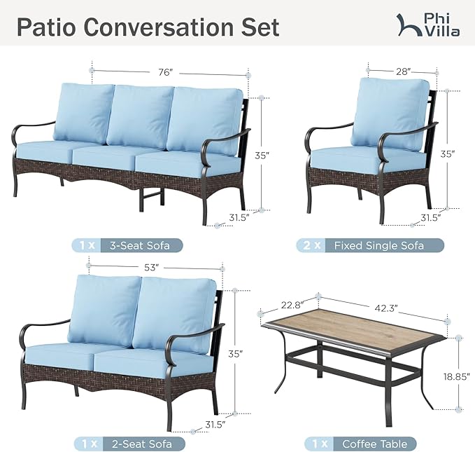 PHI VILLA Outdoor Modern Patio Furniture Set, Upgraded Wicker&Metal Patio Furniture Conversation Set with Waterproof Thick Cushions for Porch, Poolside, Deck, and Yard (5 Pieces,Blue)