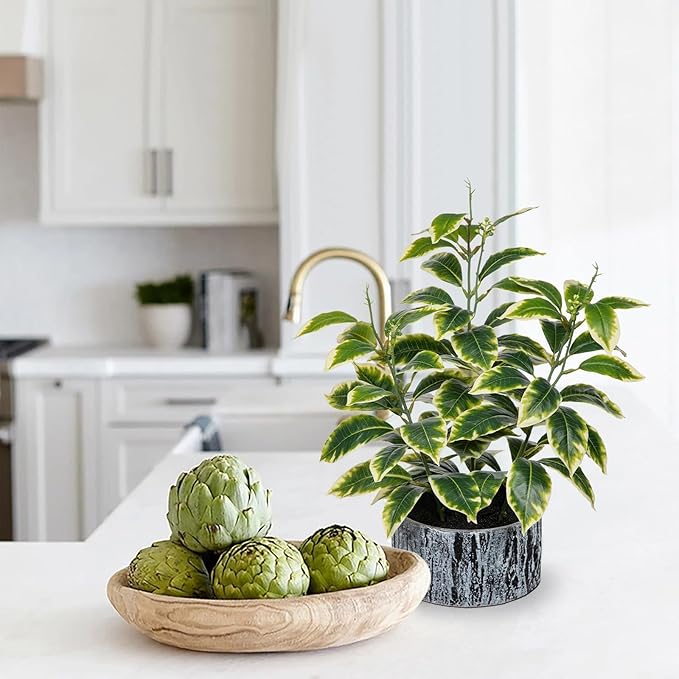 Artificial Plants Decor Greenery Fake Ficus White-edged Leaf with Seeds Indoor Potted 14" Fake Plant in Rustic Black Ceramic Planter for Farmhouse Room Bathroom Bedroom Kitchen Office Table Desk Decor