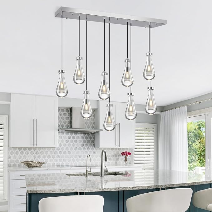 Modern Raindrop Pendant Lights Kitchen Island Teardrop Chrome Hanging Light Fixture Clear Solid Glass Chandeliers Crystal Pendant Light for Porch Living Room Dining Room(Long Plate-9 Lights)