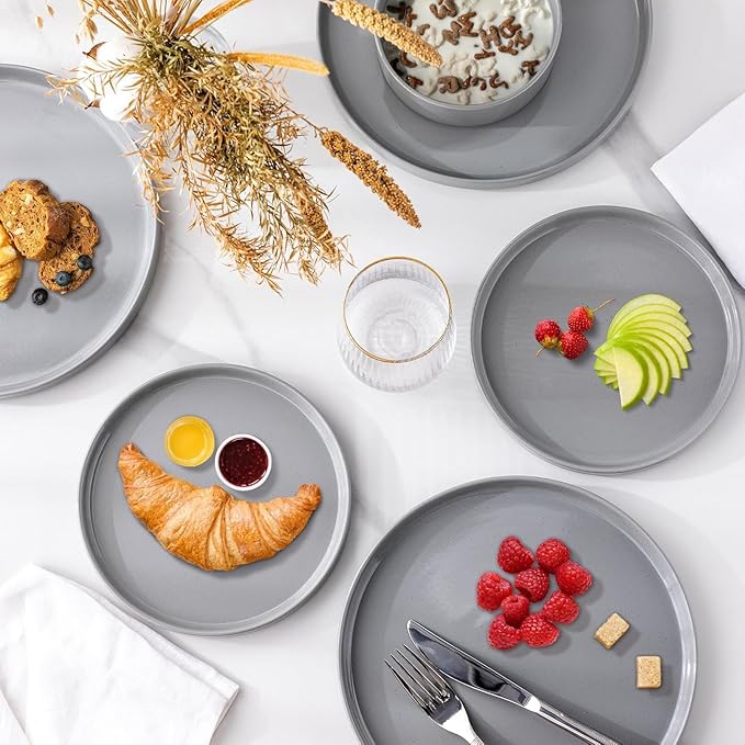 Dinnerware Set for 4, 12 Piece Speckled Plates and Bowls Set with Glazed Bottom, Chip & Scratch Resistant Stoneware Plates Sets, Dishwasher & Microwave Safe Dishes (Limestone, Service for 8)