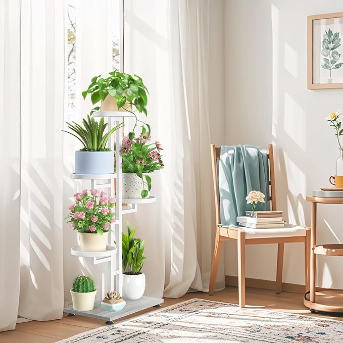 LASZOLA White 4 Tiered Plant Stand Indoors Heavy Duty Metal Rack, Sturdy Multi Level Shleving Hold Flowers, Larger House Decorate Ladder for Planting Inside Tree Herb Cactus, Wooden Base, Space Saving