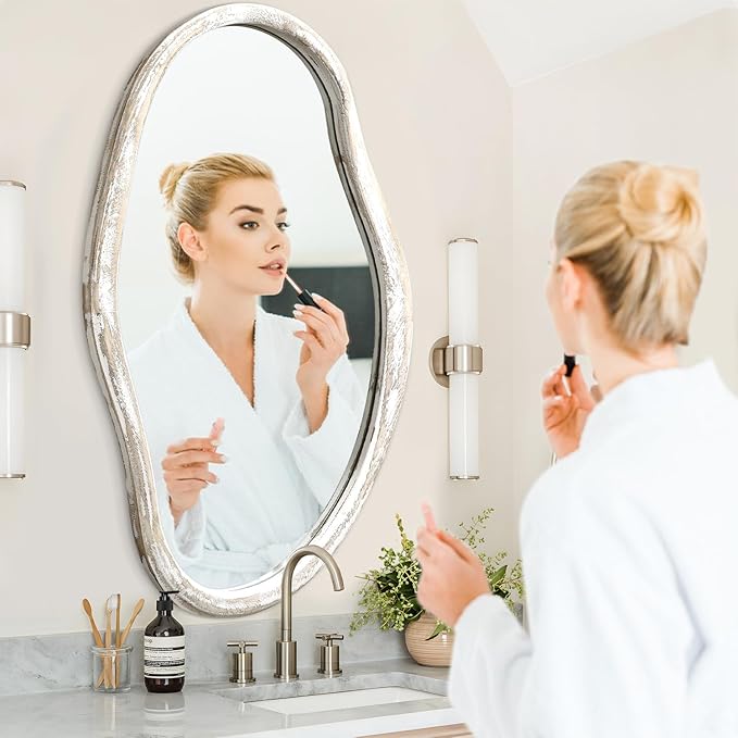 JJUUYOU Asymmetrical Mirror Modern Irregular 36"x24" Wall Mounted Mirror with Wooden Frame for Bathroom Bedroom Living Room Hallway Large Mirrors White