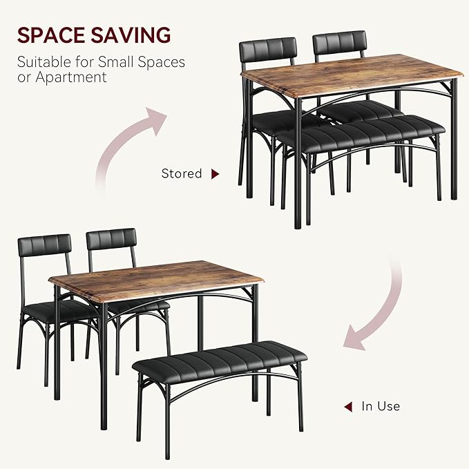 GAOMON Dining Table Set for 4, Kitchen Table with Upholstered Chairs and Bench, 4-Person Dining Room Table Set, Rectangular Kitchen Table Set for Small Space, Apartment, Home, Studio, Rustic Brown
