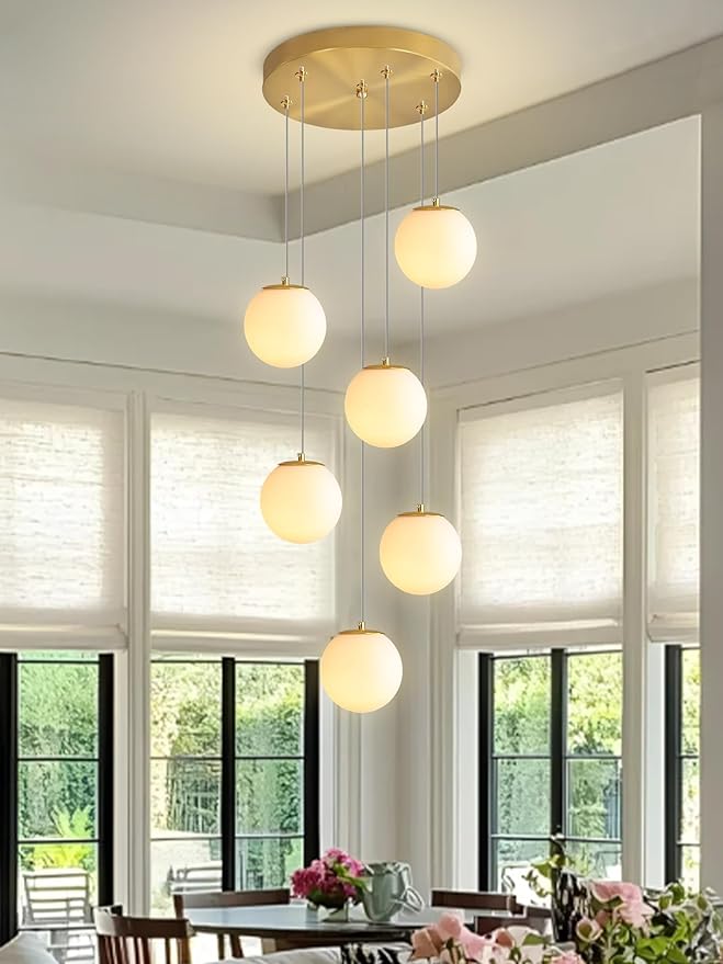 H 87in Globe Pendant Light 6-Lights Modern Hanging Chandelier for Kitchen Island Mid Century Globe Chandelier Milk White Glass Pendant Lighting for Living Room Bedroom Entryway