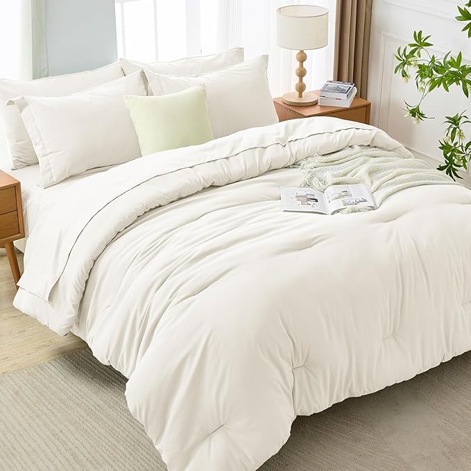 MUXHOMO 7 Pieces King Comforter Set, Soft Bed in a Bag King Size, All Season Bedding Set with Comforter, Flat Sheet, Fitted Sheet, Pillowcases & Shams, Ivory