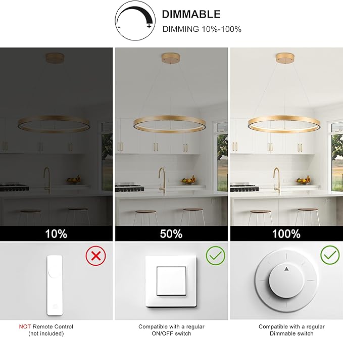Modern Led Pendant Light Modern Led Chandelier, 1 Ring Circular Chandelier Dimmable Hanging Pendant Lighting for Living Room Dining Room Kitchen Island Foyer Office 23.6", 3000-6000K Gold