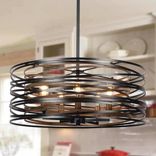 5-Light Drum Chandelier for Dining Room，19.7" Rustic Farmhouse Dining Room Light Fixture，Wood Grain and Vintage Black Metal Chandeliers for Kitchen Entryway Living Room