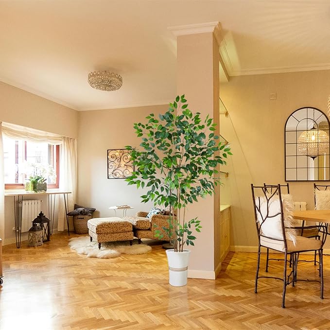 Artificial Ficus Tree, 6ft Tall Silk Fake Ficus Leaves Plant with Basket, Indoor Outdoor Faux Greenery Tree for Home Garden Office House Livingroom Décor