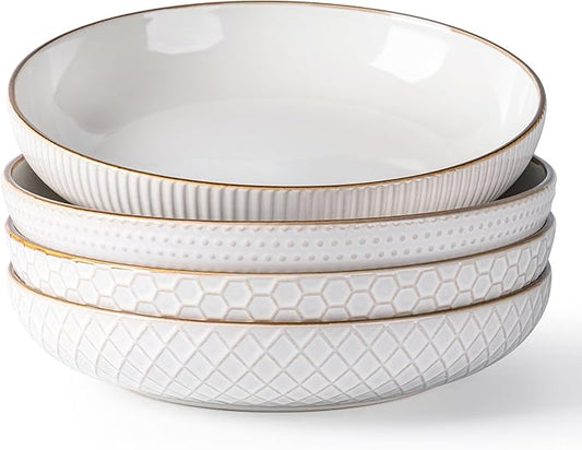 GBHOME 9.5'' Large Pasta Bowls, 42 Ounce Stoneware Salad Bowls for Kitchen, Ceramic Serving Bowls With Textured Pattern for Pasta,Fruit, Stews,Noodle, House-warming Gift,Set of 4-Off White