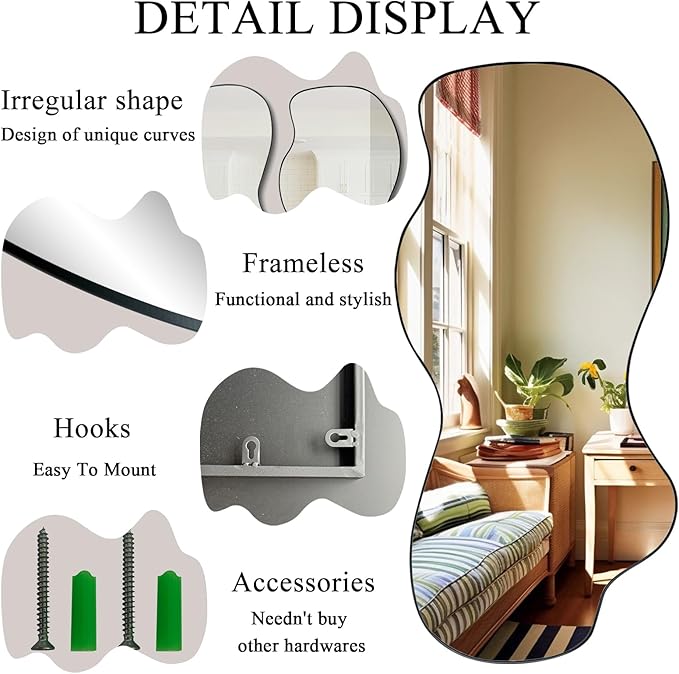 POZINO Irregular Mirror, Asymmetrical Wall Mirrors, 40"x18" Frameless Wall Mirrors Decorative, Modern Waved Shaped Mirror for Living Room Bathroom Bedroom Hallway Entryway Fireplace