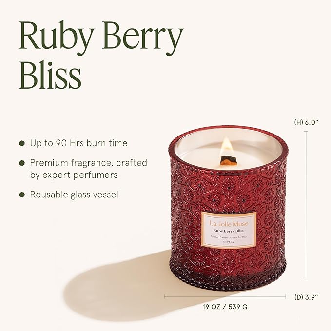 LA JOLIE MUSE Ruby Berry Bliss Scented Candle – Mandarin, Cranberry & Plum | 19 oz Festive Fall Candle | Wooden Wick | Clean Burn & Vibrant Scent | Fun Gift for Hosts & Fall Tablescapes