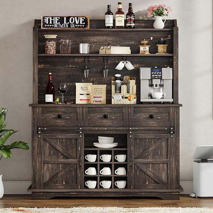 63 Inch Tall Coffee Bar Cabinet with 3-Tier Storage, Kitchen Hutch with 3 Drawers, Farmhouse Coffee Bar with 9 Racks & 3 Glass Holders, Wine Bar Cabinet for Living Dining Room, Oak