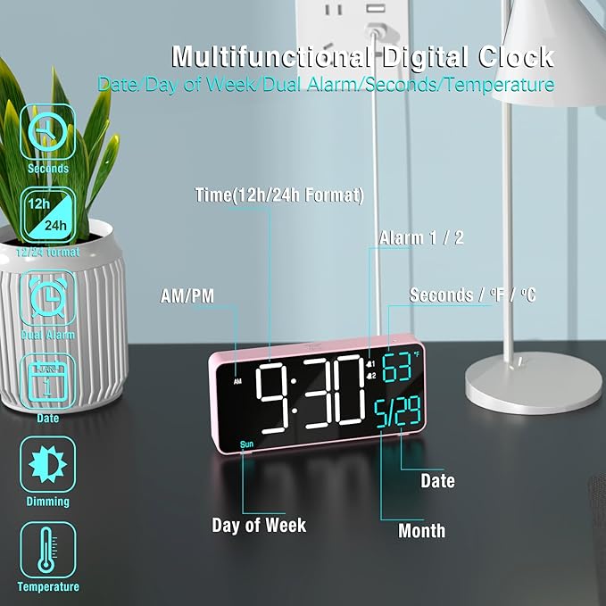 KOSUMOSU Alarm Clocks for Bedrooms, 6.7in Small Digital Clock, Auto Dimming, Room Temperature, Day of The Week, Date, Seconds, Digital Clocks for Living Room, Alarm Clock
