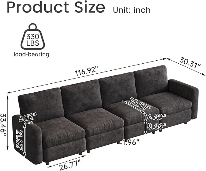 4-Seat Modular Sofa Couch Grey with Ergonomic Cushions, Convertible Sleeper Sectional for Living Room Bedroom Apartment, Cloud Futon Lounge Furniture Set for Small Spaces