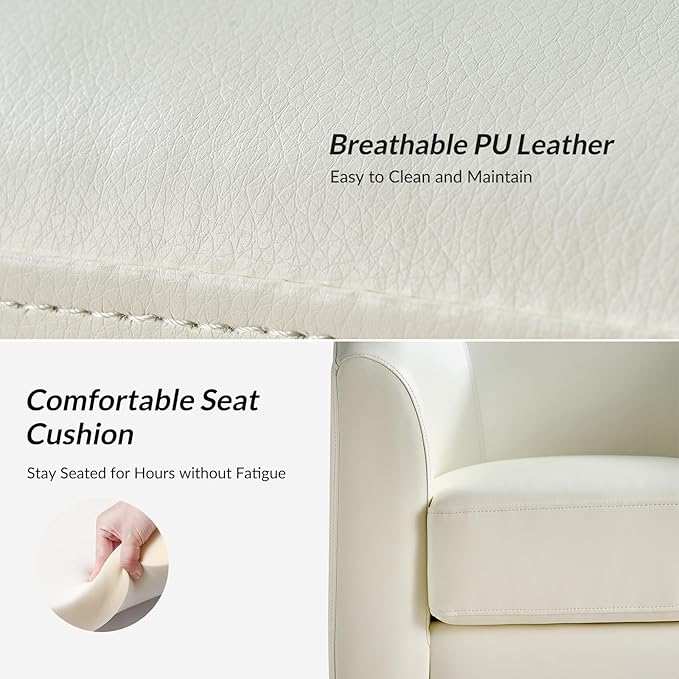HULALA HOME Faux Leather Swivel Accent Chair with Solid Wood Base, Round Swivel Barrel Chair for Living Room and Bedroom, White