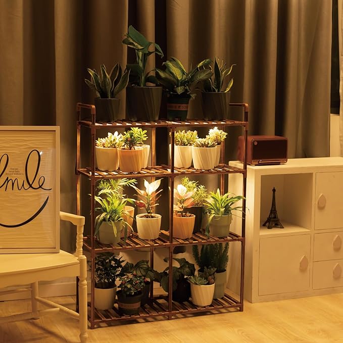 4-Tier Wooden Plant Stand with LED Grow Lights - Adjustable Shelf for Indoor Plants, Living Room, Balcony - Dimmable & Space-Saving (Plants Not Included)