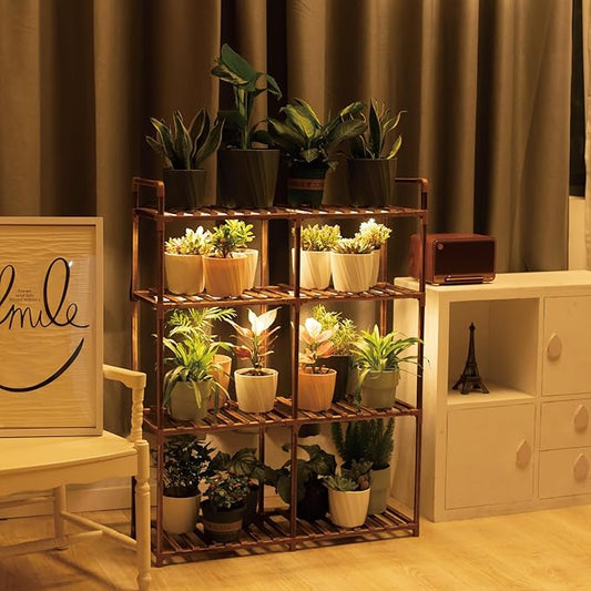 4-Tier Wooden Plant Stand with LED Grow Lights - Adjustable Shelf for Indoor Plants, Living Room, Balcony - Dimmable & Space-Saving (Plants Not Included)
