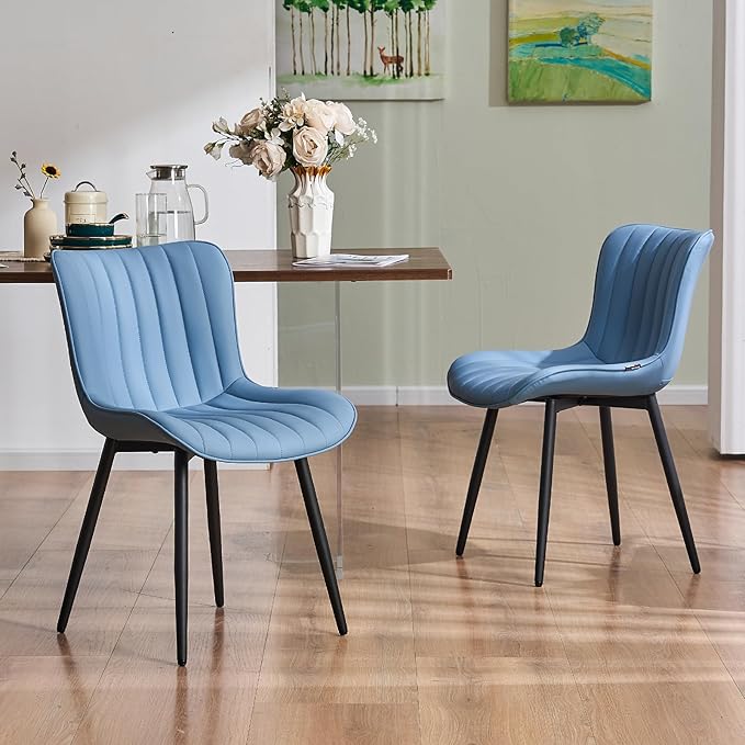 YOUNUOKE Mid-Century Modern Dining Chairs Set of 2, Blue PU Leather Upholstered Kitchen Chairs with Black Metal Legs, Armless Accent Chair for Dining Room, Guest Reception Room