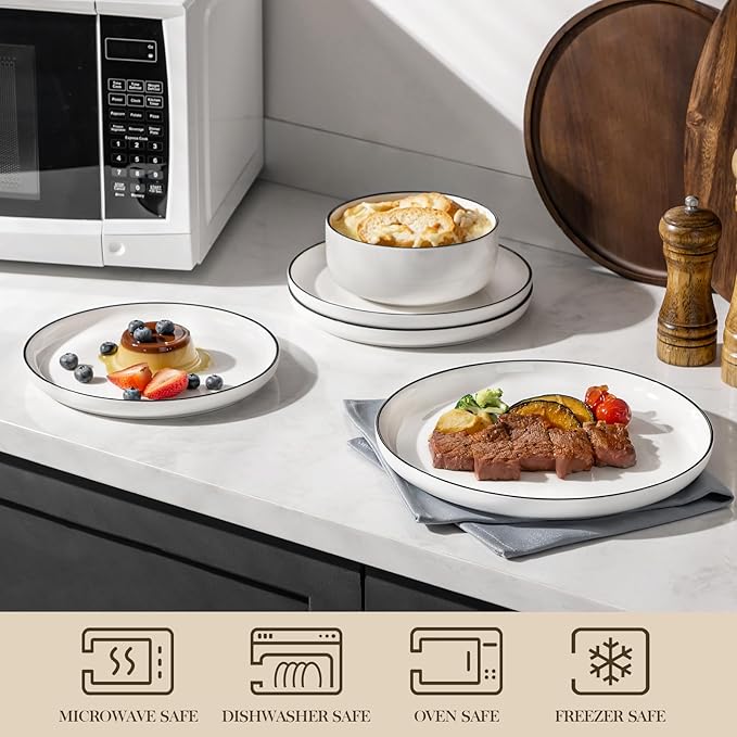 MALACASA Plates and Bowls Sets, 24 Pieces Modern Porcelain Dinnerware Set for 8 White Kitchen Dinner Dining Ware Set wtih Black Rim Ceramic Dishware Dishes Microwave and Dishwasher Safe, Series LUNA