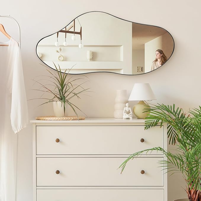 Irregular Wall Mirror, 38.5" x 17.7" Black Bathroom Mirror, Iron Framed Asymmetrical Mirror, Hanging Mirrors for Walls Make up Dressing Mirrors for Bedroom/Hallway/Livingroom Decor