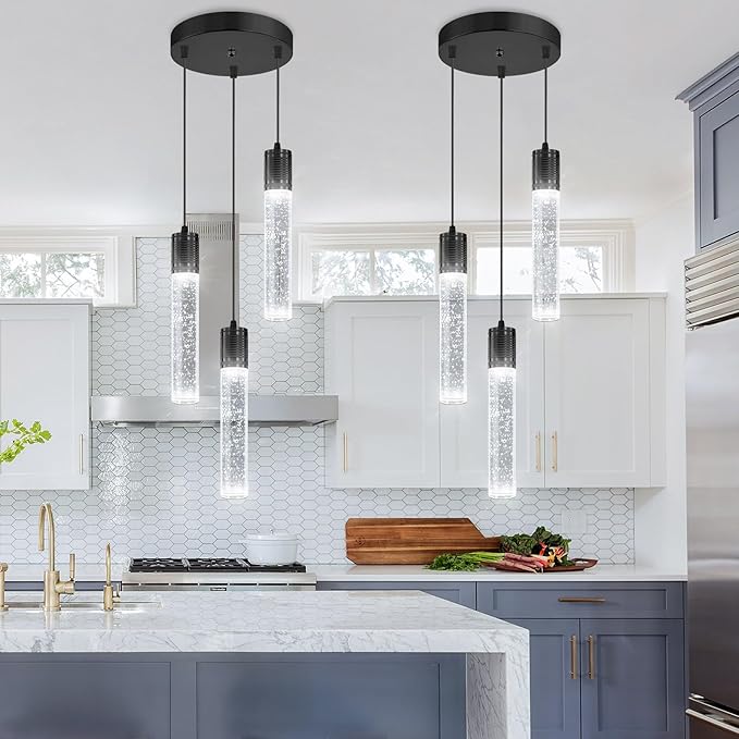 3-Lights Pendants Light for Kitchen Island Chandeliers Dining Room Pendant Lighting Fixture Bubble Crystal Ceiling Hanging Lights Bedroom Island Kitchen 6000K White Light Fixtures Black