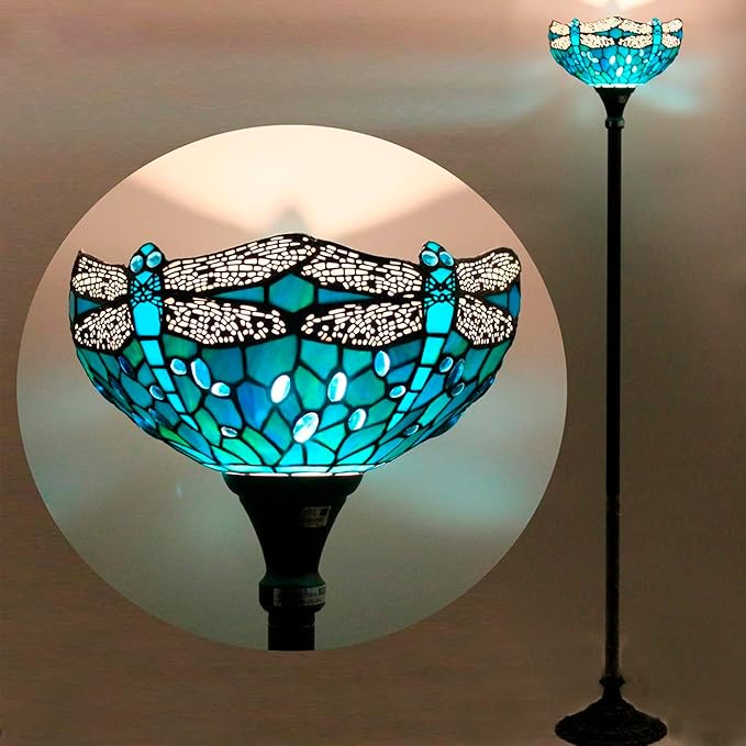 WERFACTORY Tiffany Floor Lamp Green Stained Glass Dragonfly Light 12X12X71 Inches Pole Torchiere Standing Corner Torch Uplight Decor Bedroom Living Room Home Office S622 Series (B)