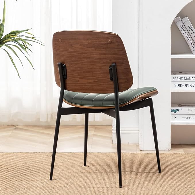 LUNLING Dining Chairs Set of 4 Mid Century Modern Retro Faux Leather Chair with Walnut Bentwood Upholstered Seat Metal Legs Chairs,Adjustable Foot for Kitchen Dining Room Chairs(Green)