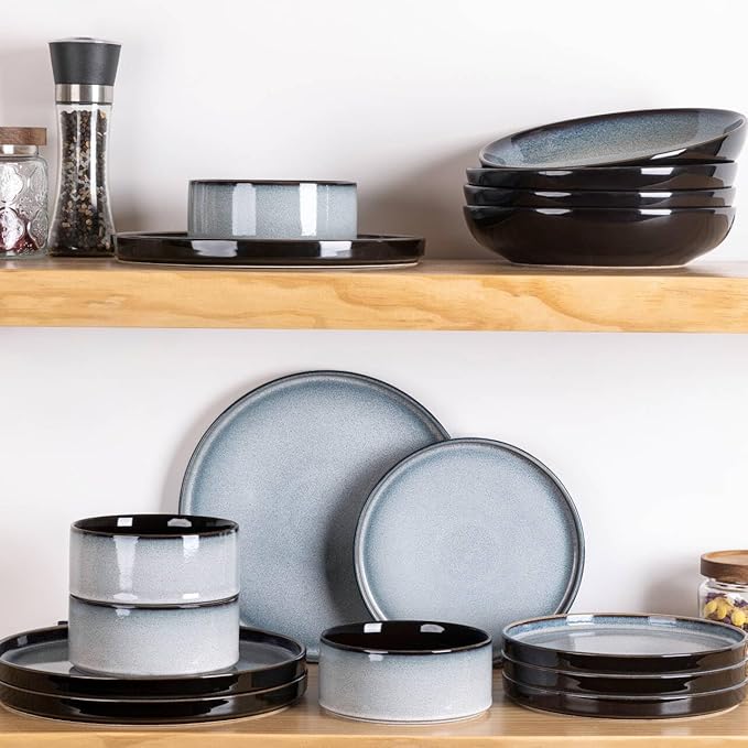 LERATIO Ceramic Dinnerware Sets for 4,Round Reactive Glaze Ceramic Plates and Bowls Set,Highly Chip and Crack Resistant | Dishwasher & Microwave Safe Dishes Set,Service for 4 (12pc)-Gray White