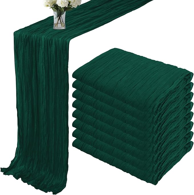 8 Pack 10 ft Dark Green Christmas Cheesecloth Table Runner 35x120 Inches Boho Gauze Rustic Cheese Cloth Runners Long Romantic Sheer Table Runner for Wedding Bridal Shower Party Decoration