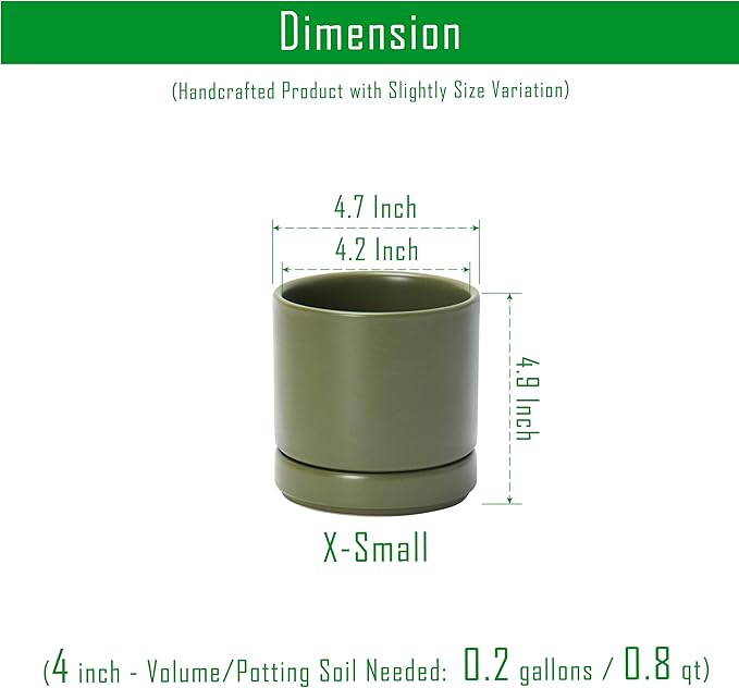D'vine Dev 4.7 Inch Ceramic Planter Pot with Drainage Hole and Saucer, Indoor Cylinder Round Planter Pot, Olive, 94-O-B-J