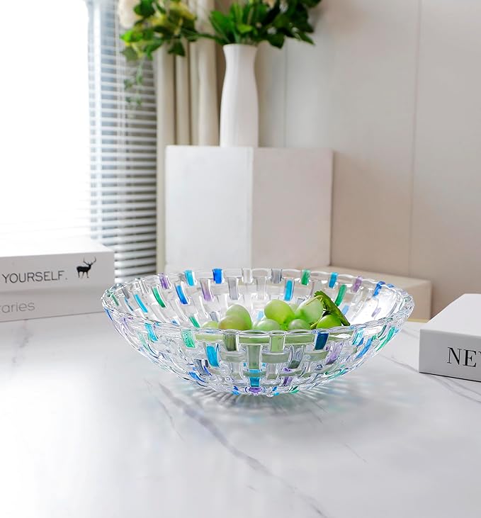 Hand Painted Blue Woven Glass Crystal Salad & Fruit Bowl Decoration,Centerpiece For Home,Office,Wedding Decor, Fruit, Snack, Dessert, Server (Blue)