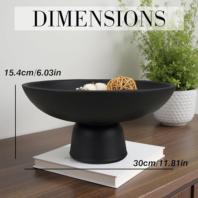 Large Decorative Resin Bowl, Modern Black Fruit Bowl for Kitchen Counter, Handicraft Pedestal Key Bowls for Entryway Table - 11.8" Extra Black Footed Bowl