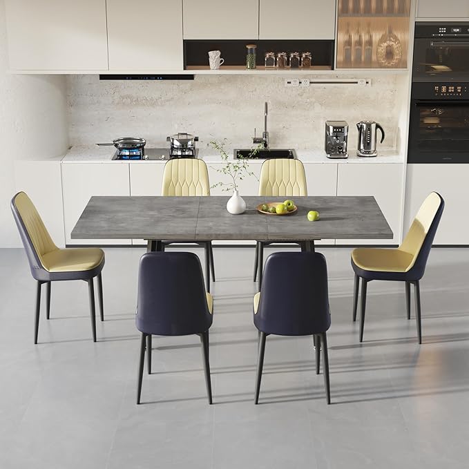 7 Piece Dining Table Set for 6-8,55-71" Extendable Dining Table Set with 6 Upholstered Chairs,Rectangle Kitchen Table Set for Small Space,Dining Room and Office,Grey