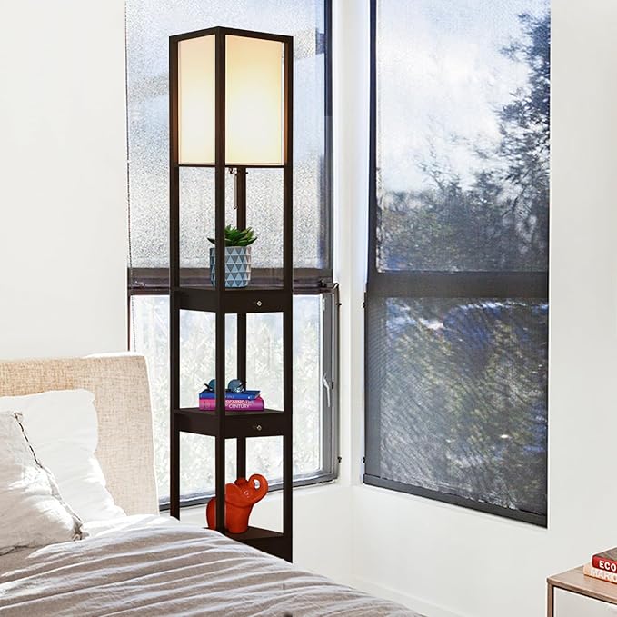 Brightech Maxwell Drawer Edition - Modern Shelf Floor Lamp with Drawer - Corner Display Floor Lamps with Shelves for Living Room, Bedroom and Office - Black