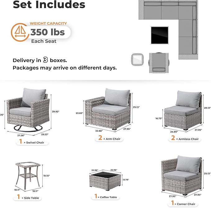 ovios 8 Pieces Patio Furniture Set, Outdoor Wicker Sectional Sofa with Swivel Chair Coffee Table, Modern Modular Deep Seat Rattan Couch Conversation Sets, Dark Grey