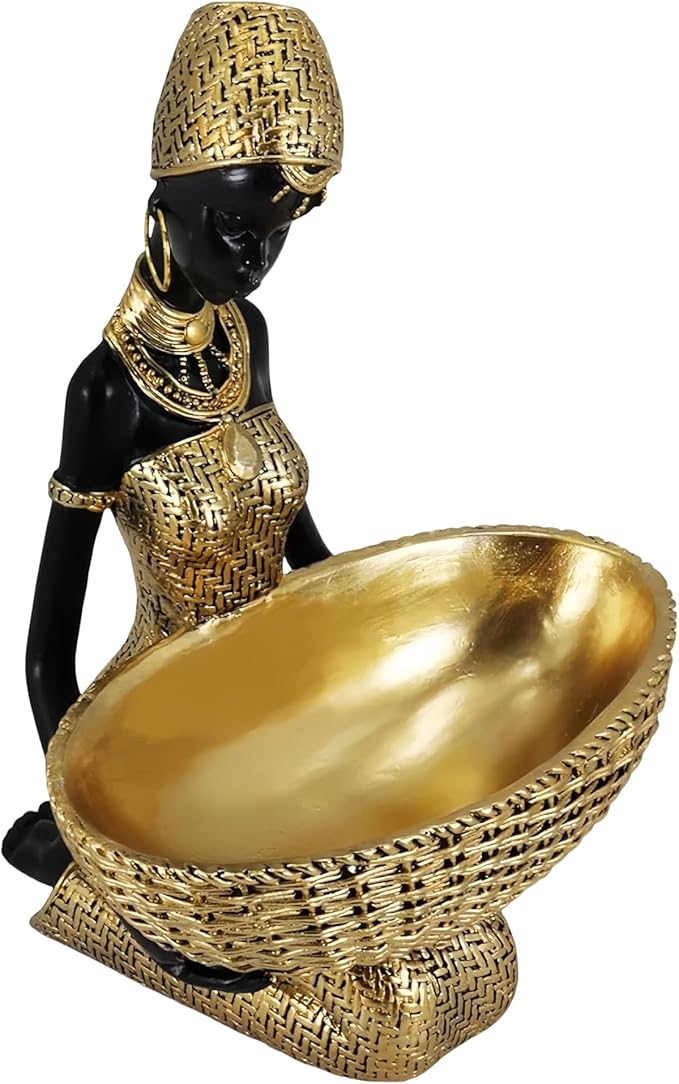 African Tribal Resin Statue - Handcrafted Gold Accent Figure with Bowl, Ethnic Home Decor Art Piece for Shelf & Table Display, Bohemian Gift Idea