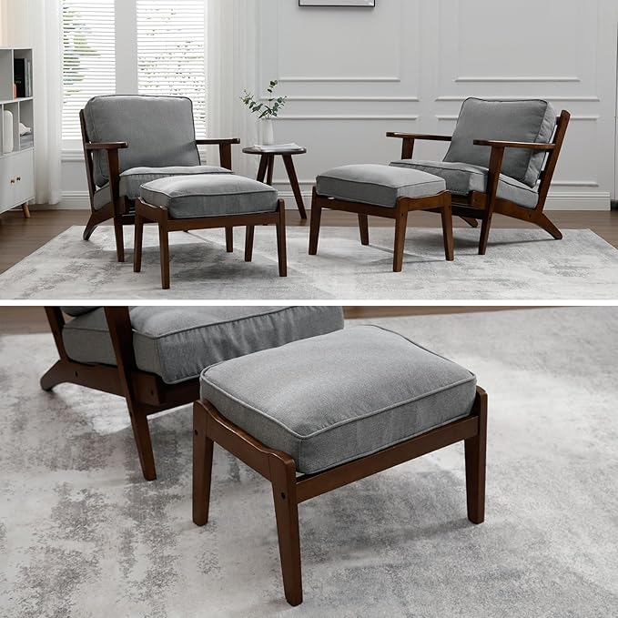 Living Room Accent Chairs Set of 2 Mid Century Modern Reading Arm Chair with Ottoman, Fabric Bedroom Chair with Soild Wood Frame, Elegant Upholstered Side Chair, Grey-Fabric