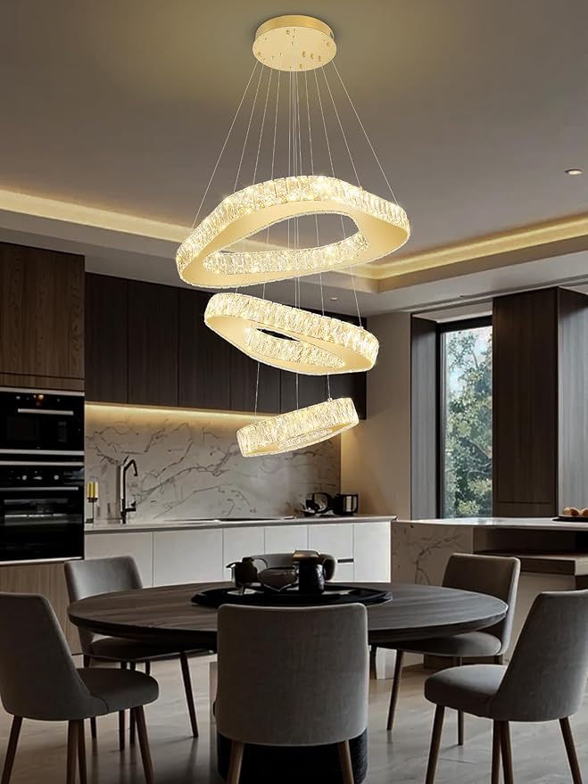 Modern Led Gold Chandelier Adjustable 3 Rings Crystal Chandelier for Living Room Foyer Stairwell Lighting High Ceiling Light Dimmable 2700K-6000K