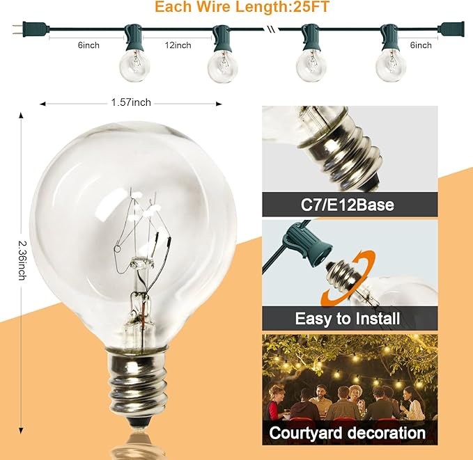 25Ft Outdoor String Lights, G40 Globe Patio Xmas String Lights with 27 5W Clear Warm White Globe Lights, Vintage Christmas Lights UL Listed for Holiday Party Backyard Christmas Wedding Garden Decor