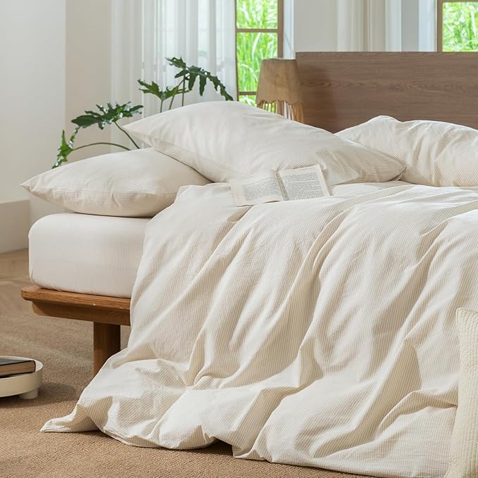 MooMee Striped Duvet Cover Set 100% Washed Cotton Linen Like Textured Breathable Durable Soft Comfy (Almond Milk Grey Pinstripes, Oversized Queen 98"x98")