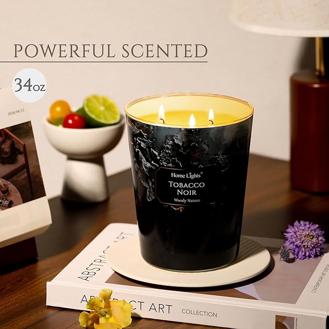 HomeLights Scented Candles for Women & Men, 34oz Candle Jars Aromatherapy 3-Wick Candle, Ideal for Industrial Chic Home Decor and Gifts, Tobacco Noir