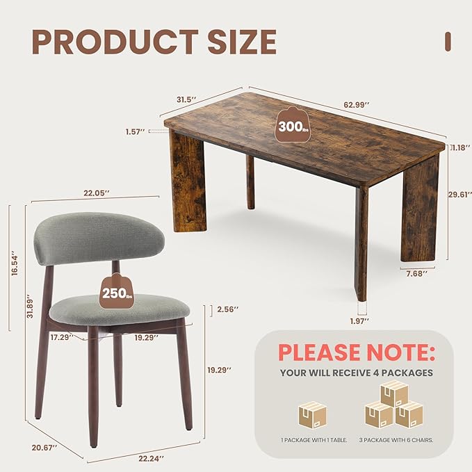 7-Piece Rectangular Dining Table Set for 6, 63" Industrial Kitchen Table with 6 Wooden Upholstered Dinner Chairs for Dining Room, Kitchen, Living Room, Brown+Green