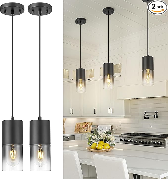 2-Pack Pendant Lights Kitchen Island, Hanging Lights Fixtures with Cylinder Black Gradient Glass, Modern Kitchen Pendant Lighting Over Island for Dining Room, AD-24023-1P2-BK-SM