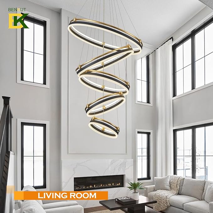 5-Rings Modern LED Chandelier Black Gold Dimmable Large High Ceiling Chandeliers Foyer, Remote Pendant Lighting for Foyer Entryway Dining Room Living Room Staircase(10-Ring Lighting, D29.5)