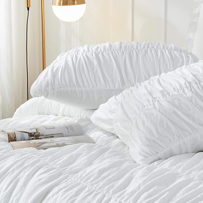 Queen Comforter Set White Bedding - Ruched Comforter Queen Size Bed Set Boho Shabby Chic Bedding for Bedroom Comforter Fluffy 3 Piece Ruffle Comforter Set with Pillow White Soft
