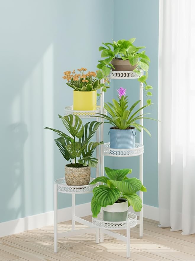 Metal Plant Stand Indoor Outdoor, 5 Tier Tall Flower Pot Holder Potted Display Rack Shelf, Heavy Duty Corner Plant Shelf for Patio Garden Balcony Living Room Bedroom - WhiteWave