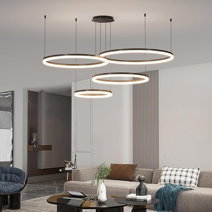 4-Ring Dimmable LED Chandelier for Dining Room, Circular Black Modern Pendant Lights, Adjustable Hanging Ceiling Lamp Fixture for Kitchen Island, Living Room, Foyer, Bedroom with Remote Control