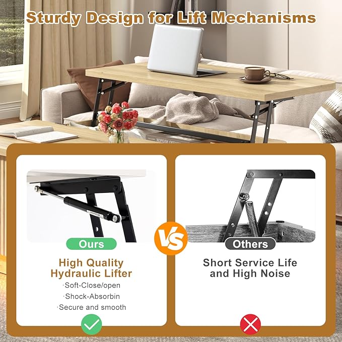 Lift Top Coffee Table with Storage,Wood Square Coffee Tables W/6000-Colors Lighting,Multi-Function Groove Texture Center Table W/Large Hidden Space for Living Room,Bedroom,Home,Office(OAK)